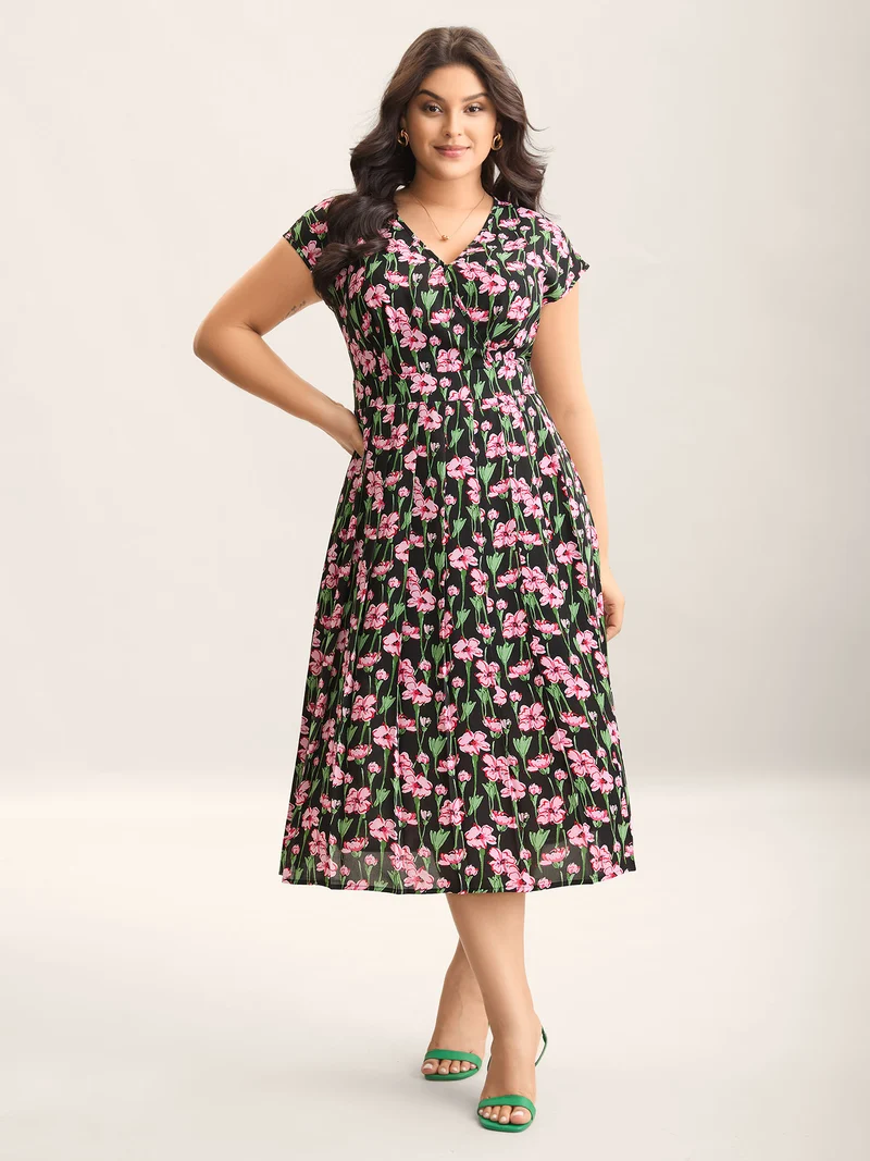 Floral Print Shirred Pleated Midi Dress
