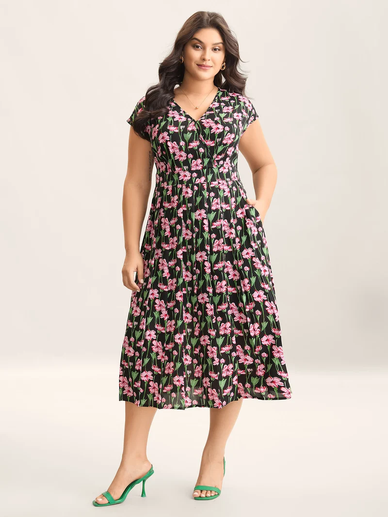 Floral Print Shirred Pleated Midi Dress