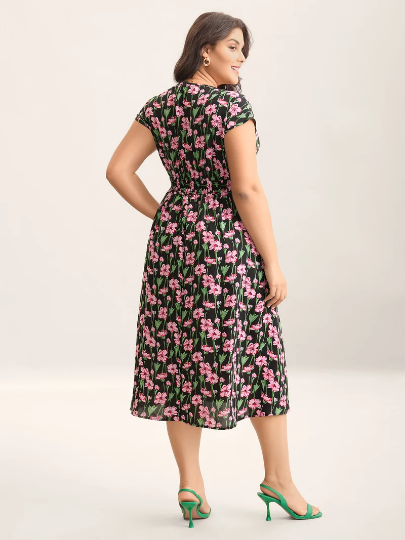 Floral Print Shirred Pleated Midi Dress