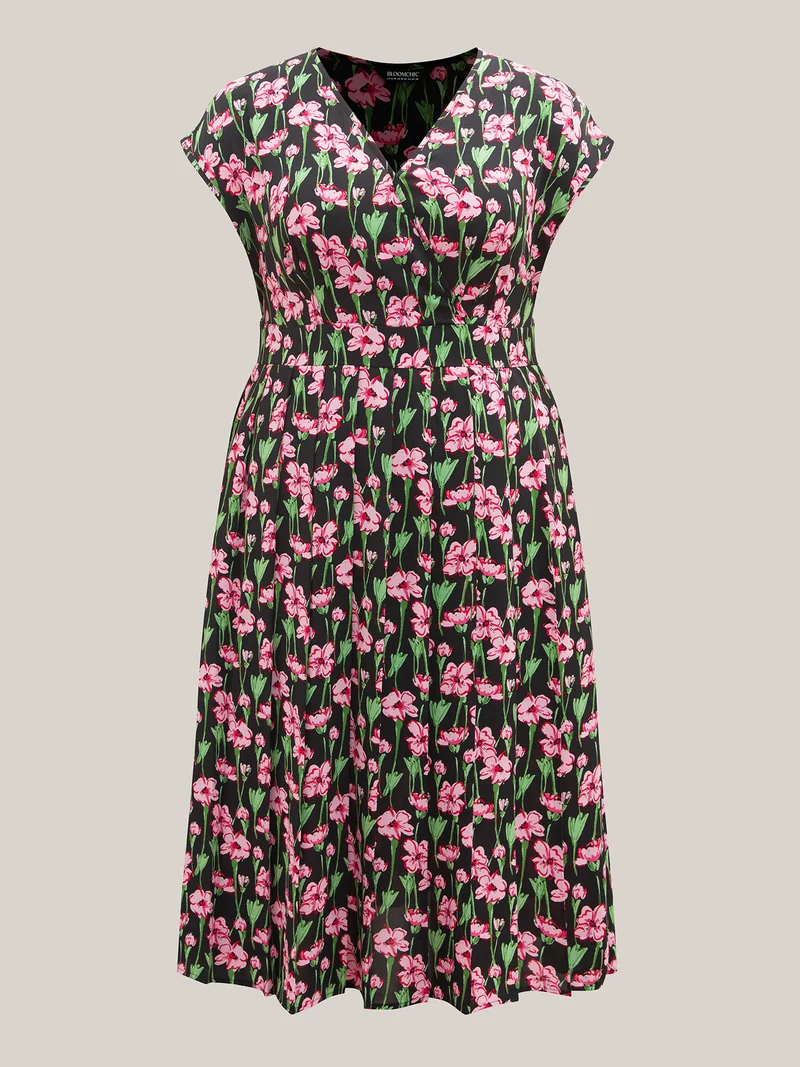 Floral Print Shirred Pleated Midi Dress