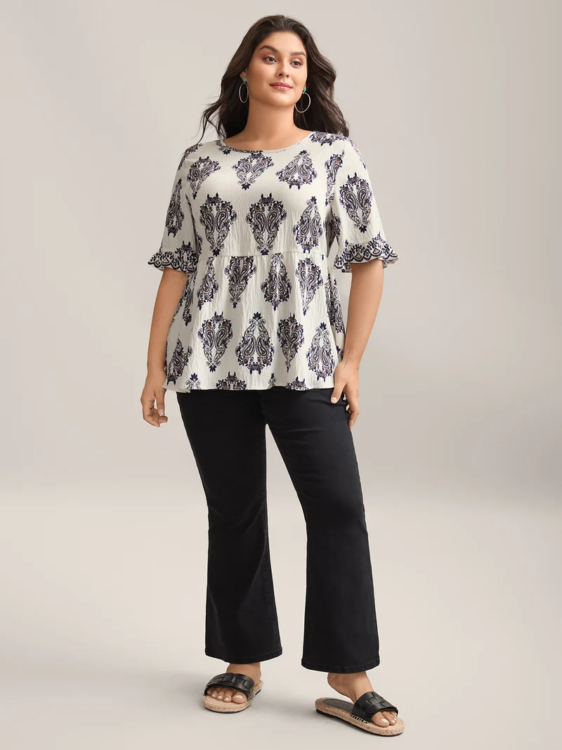 Paisley Print Lotus Leaf Cuffs Blouse
