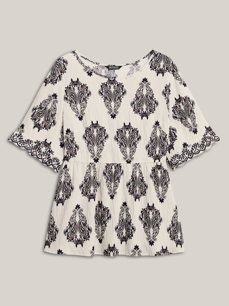 Paisley Print Lotus Leaf Cuffs Blouse