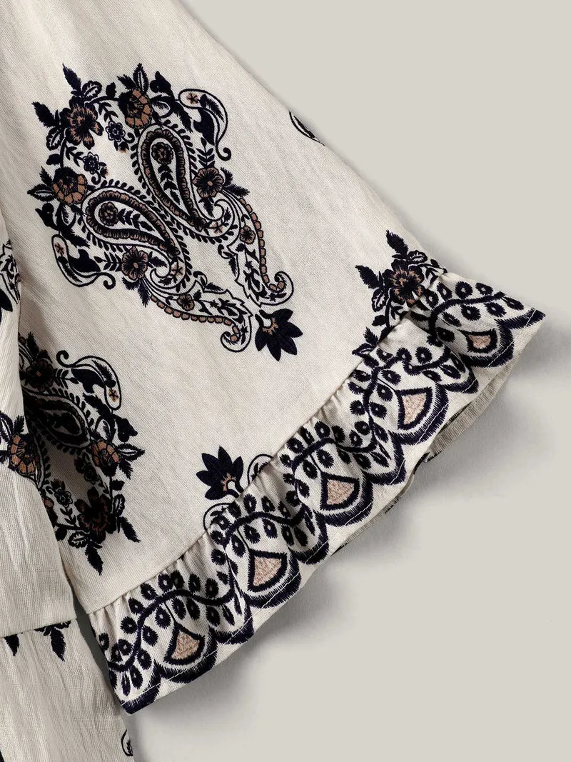 Paisley Print Lotus Leaf Cuffs Blouse