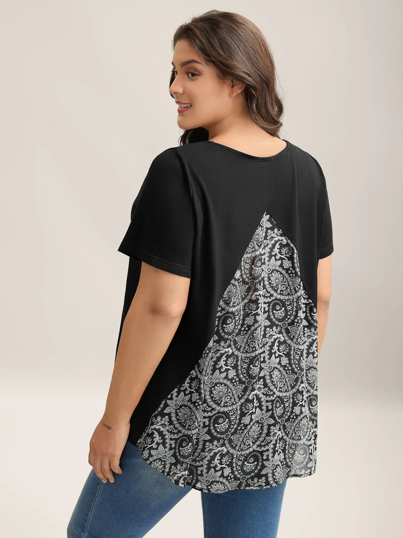 Paisley Print Crew Neck Spliced T-Shirt