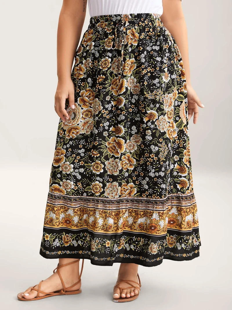 Boho Floral Print Drawstring Maxi Dress