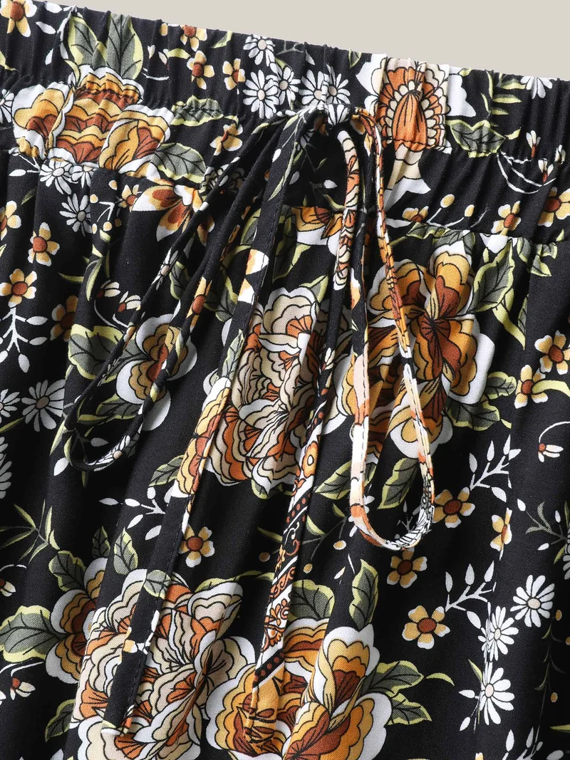 Boho Floral Print Drawstring Maxi Dress