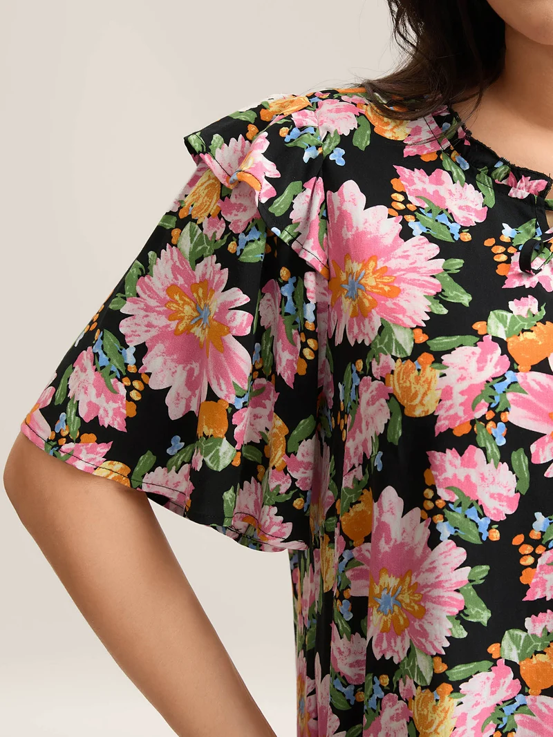 Large Flower Print Layered Sleeve Shirt