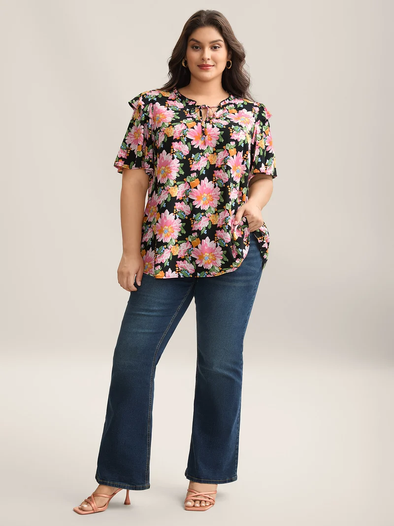 Large Flower Print Layered Sleeve Shirt