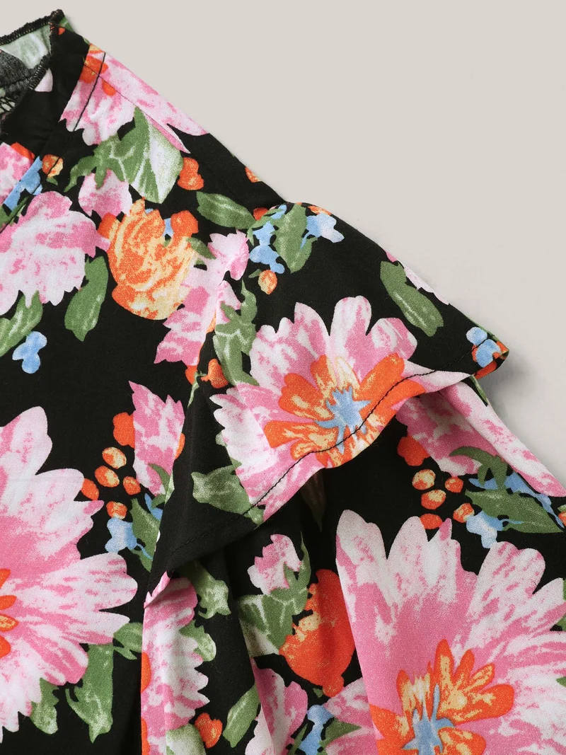 Large Flower Print Layered Sleeve Shirt