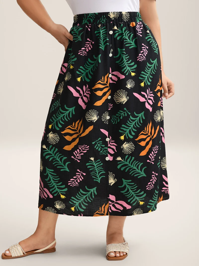 Multi-Color Leaf Print Flowy Maxi Skirt