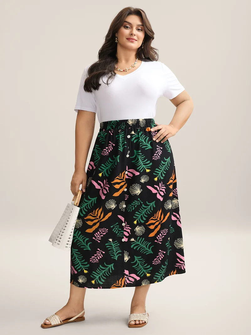 Multi-Color Leaf Print Flowy Maxi Skirt