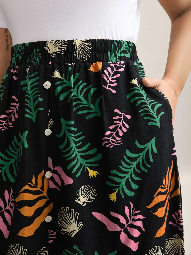 Multi-Color Leaf Print Flowy Maxi Skirt