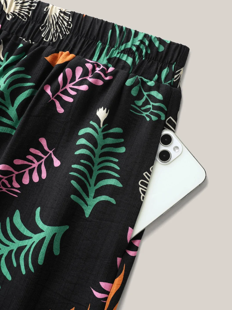 Multi-Color Leaf Print Flowy Maxi Skirt