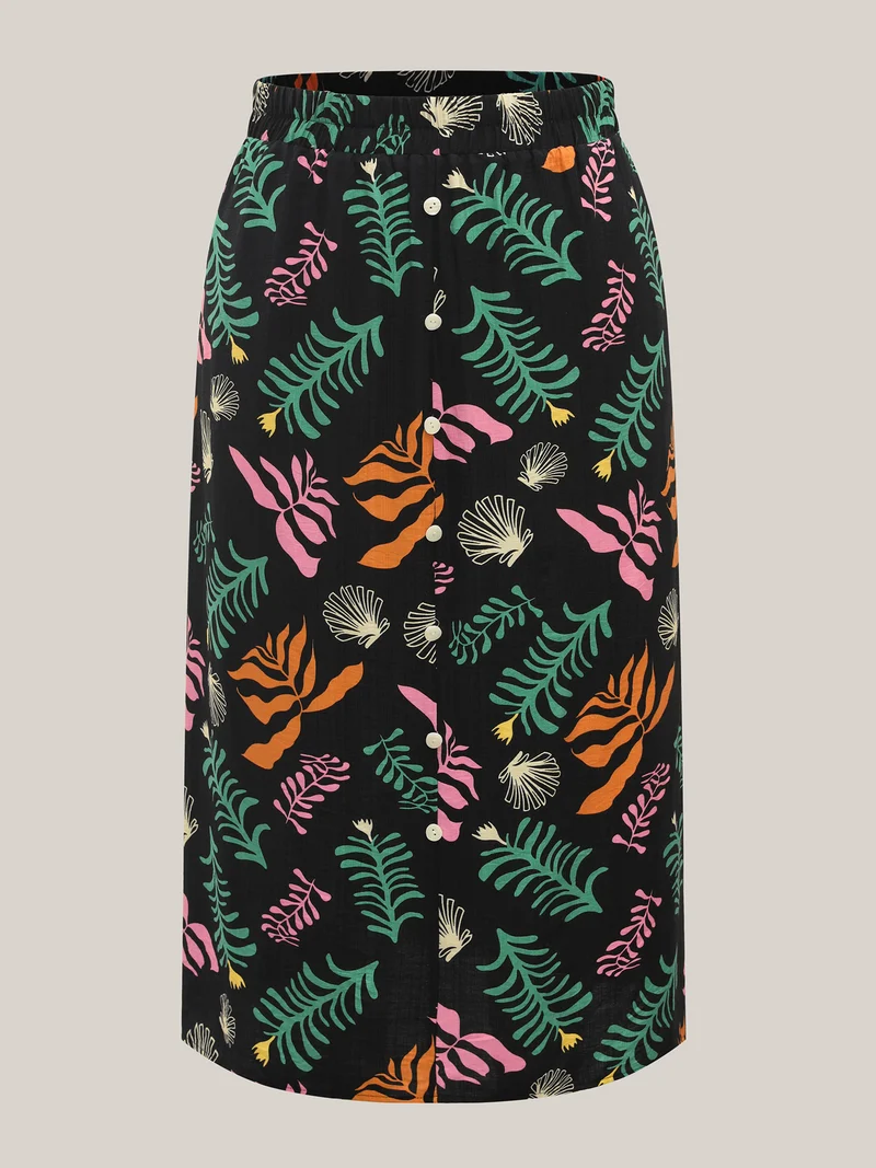 Multi-Color Leaf Print Flowy Maxi Skirt