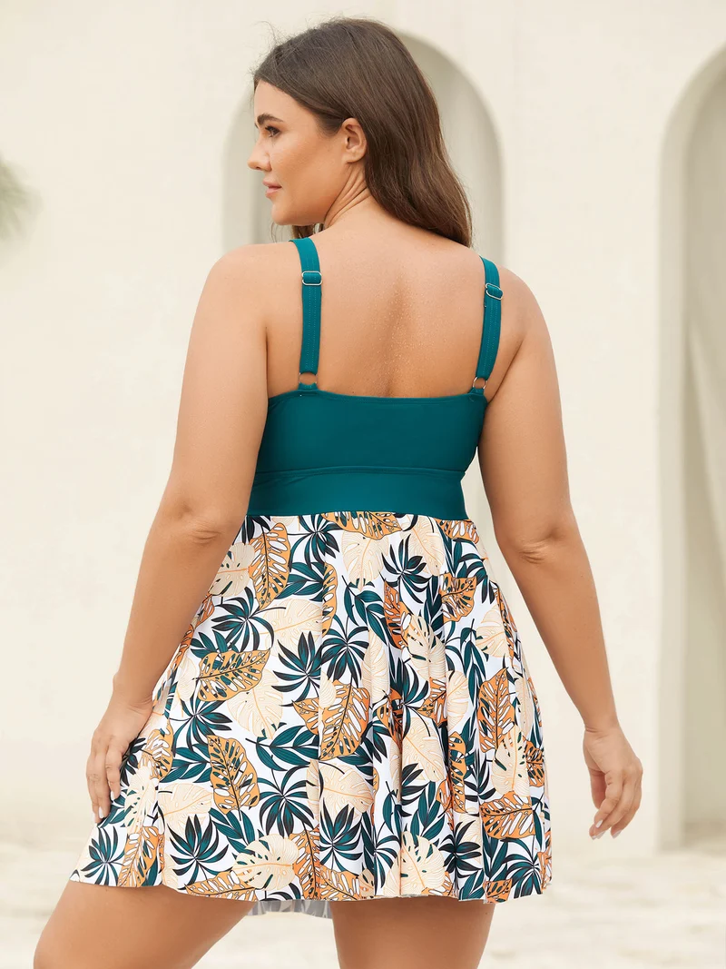 Tropical Print Adjustable Drawstring Swim Dress