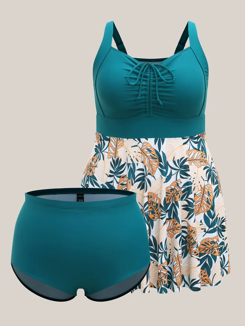 Tropical Print Adjustable Drawstring Swim Dress