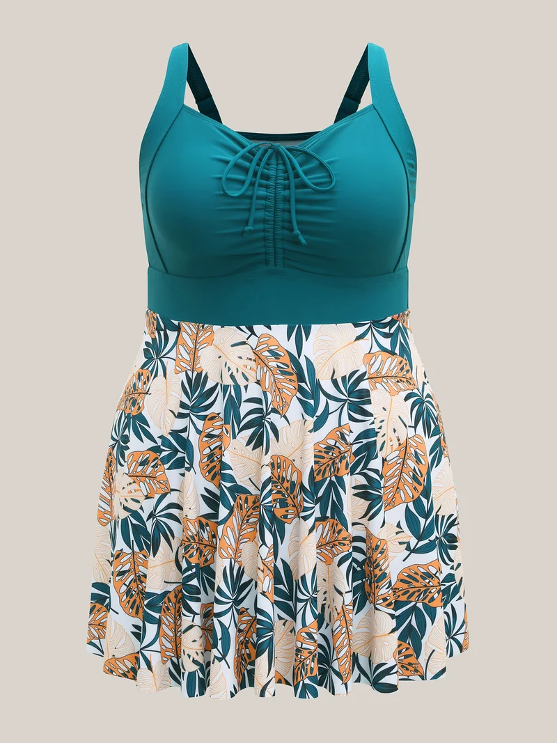 Tropical Print Adjustable Drawstring Swim Dress