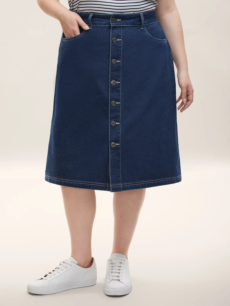 Button Front Straight-Fit Denim Skirt