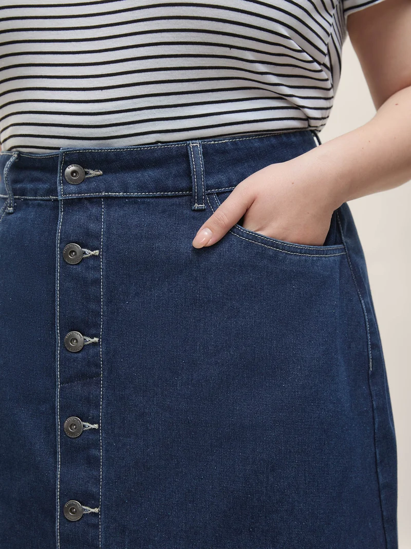 Button Front Straight-Fit Denim Skirt