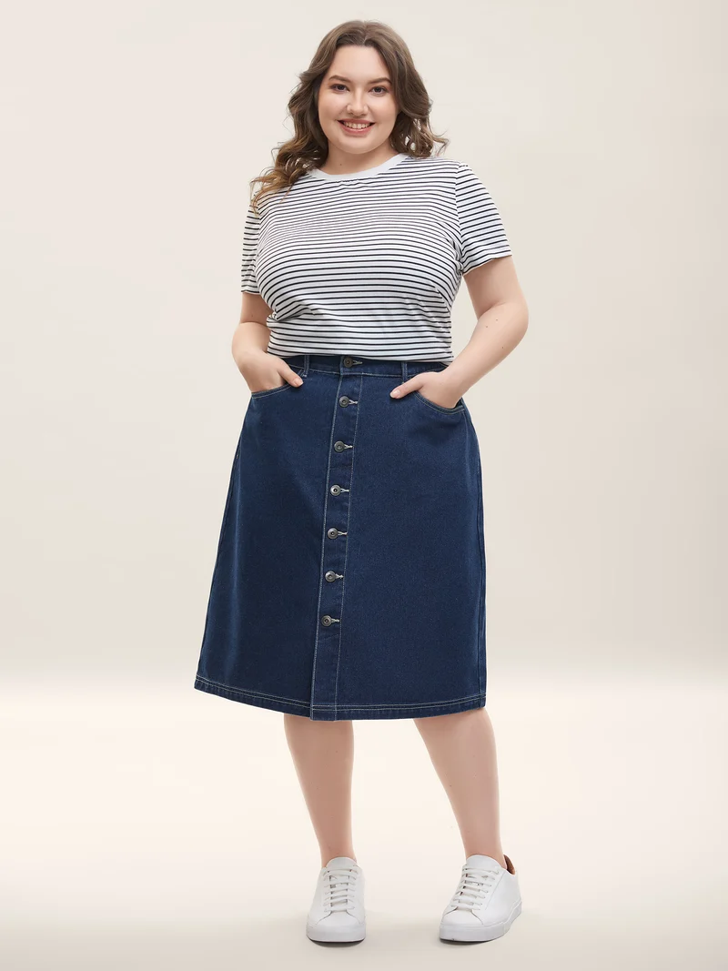 Button Front Straight-Fit Denim Skirt