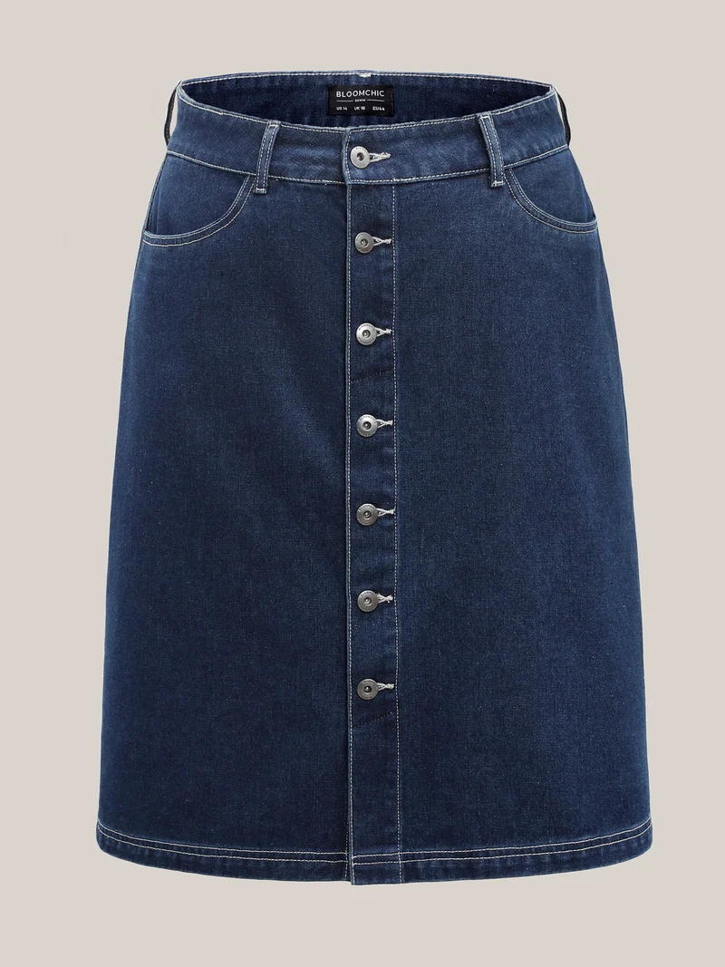 Button Front Straight-Fit Denim Skirt