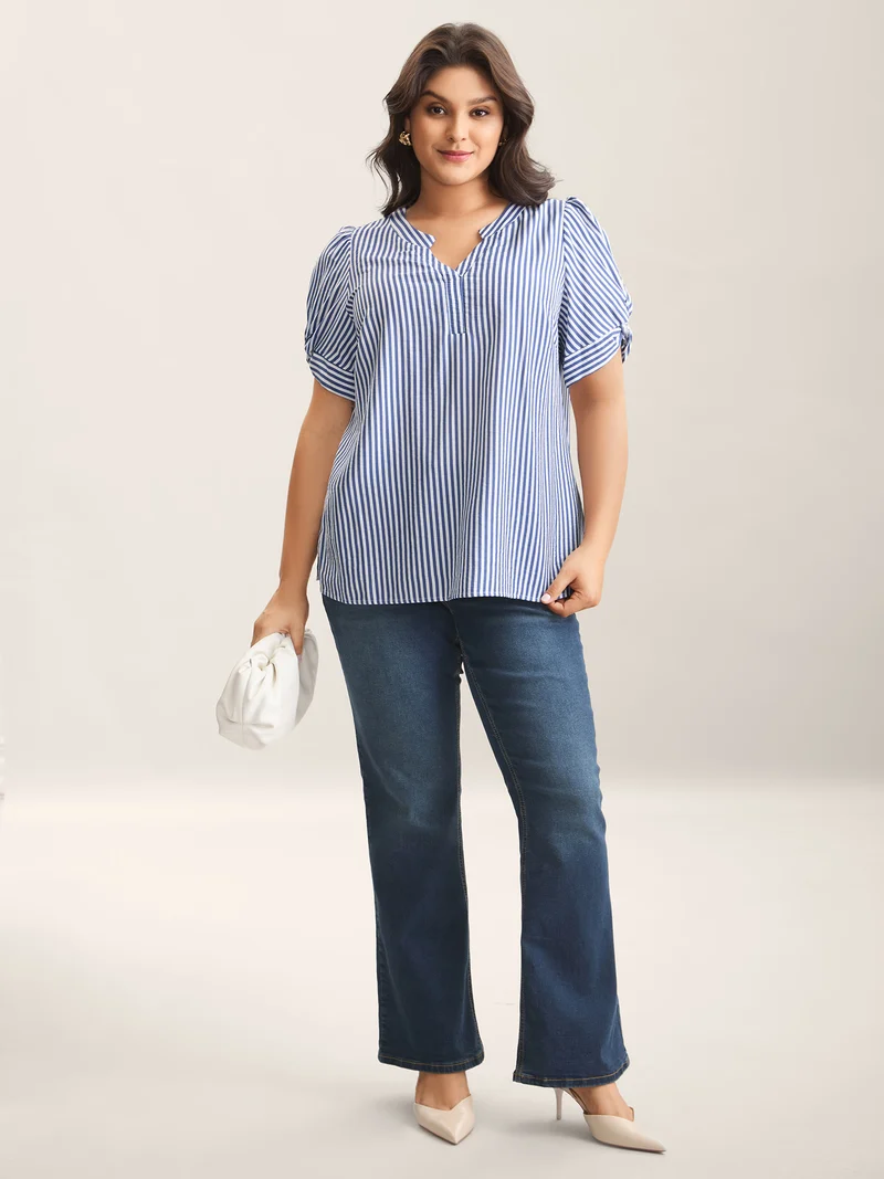 Stripes Knotted Sleeve Notched Collar Blouse