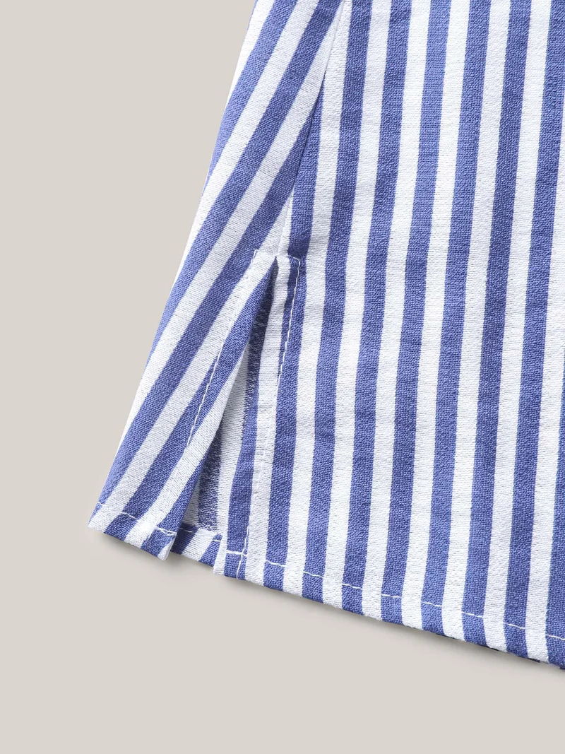 Stripes Knotted Sleeve Notched Collar Blouse