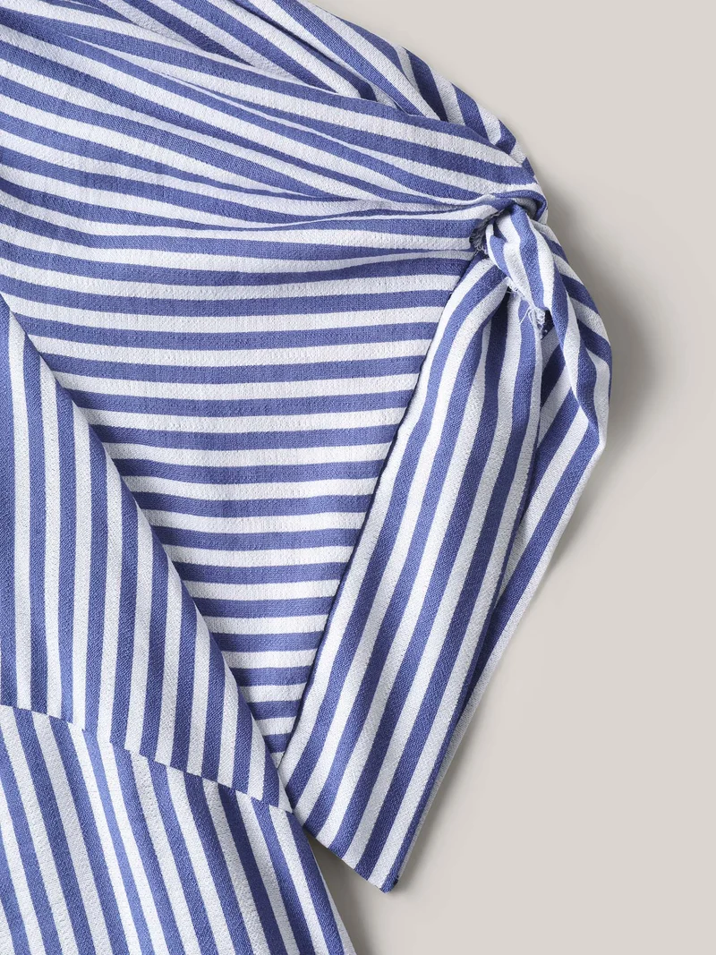 Stripes Knotted Sleeve Notched Collar Blouse