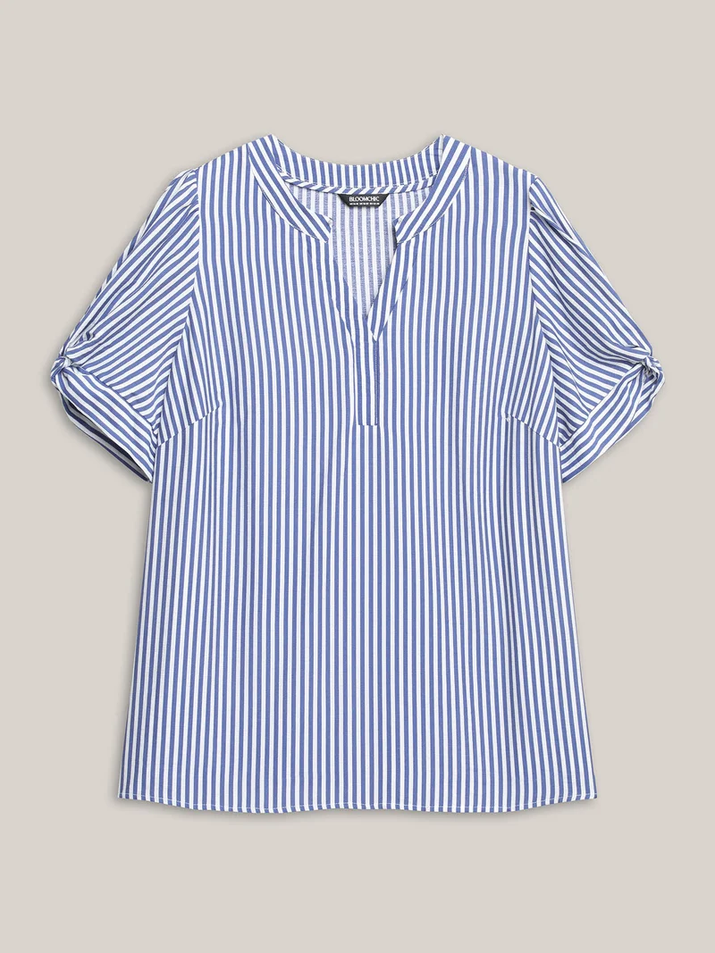 Stripes Knotted Sleeve Notched Collar Blouse