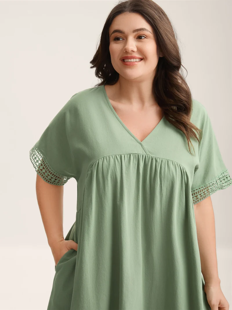 Pure Cotton Lace Trim Sleeve Midi Dress