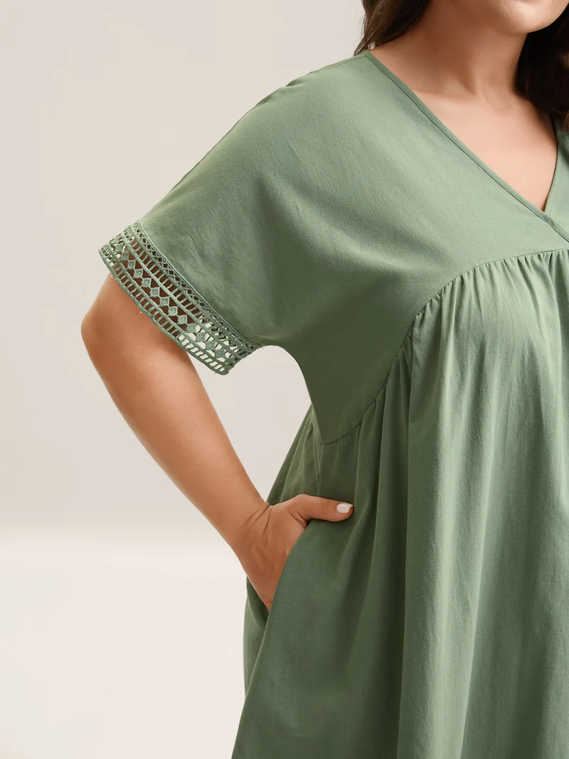 Pure Cotton Lace Trim Sleeve Midi Dress