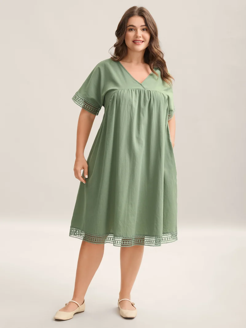 Pure Cotton Lace Trim Sleeve Midi Dress