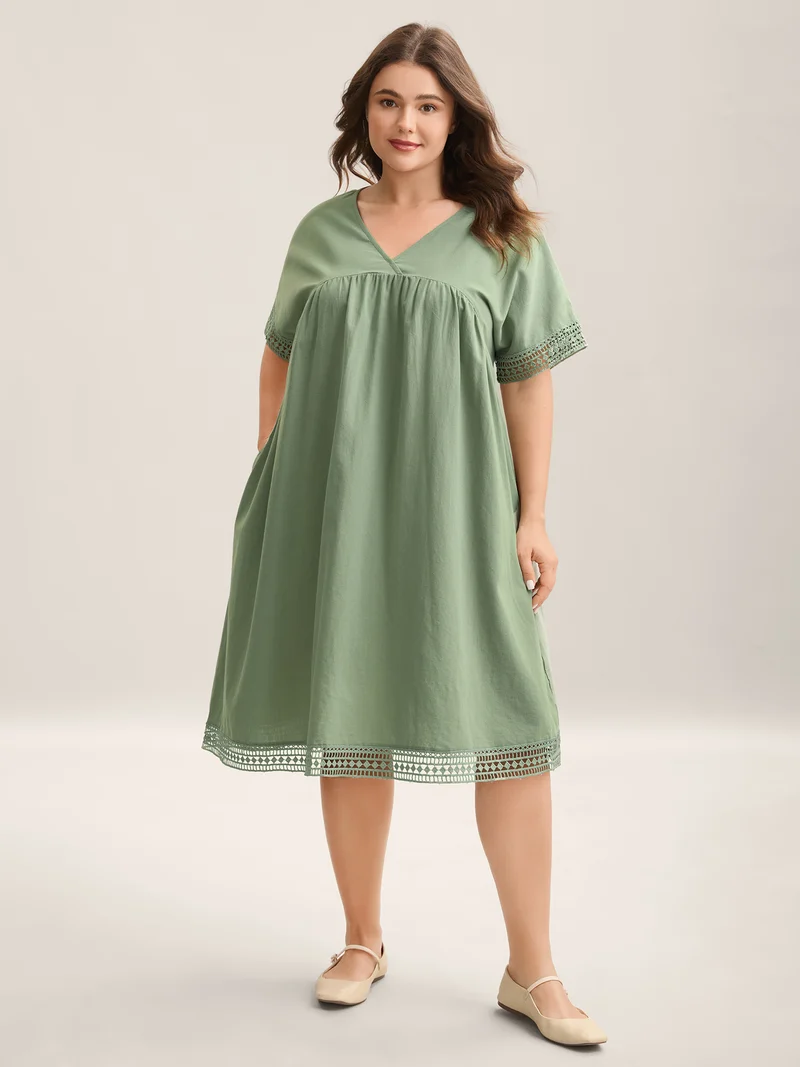 Pure Cotton Lace Trim Sleeve Midi Dress