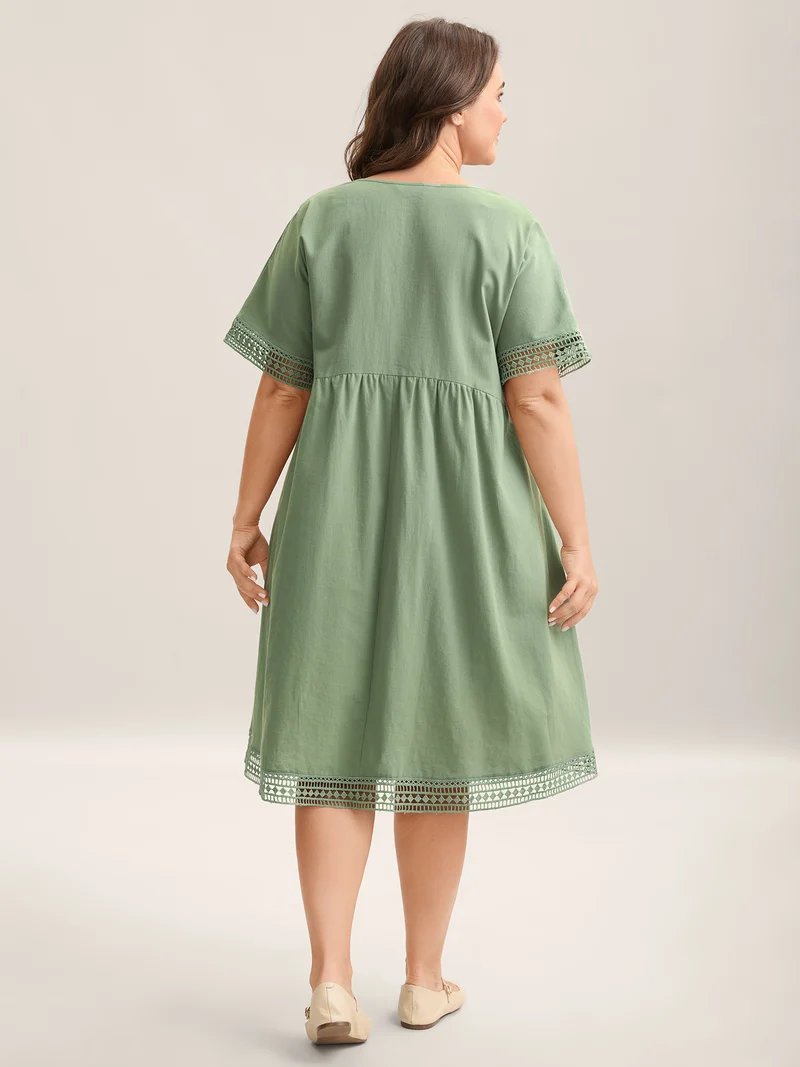 Pure Cotton Lace Trim Sleeve Midi Dress