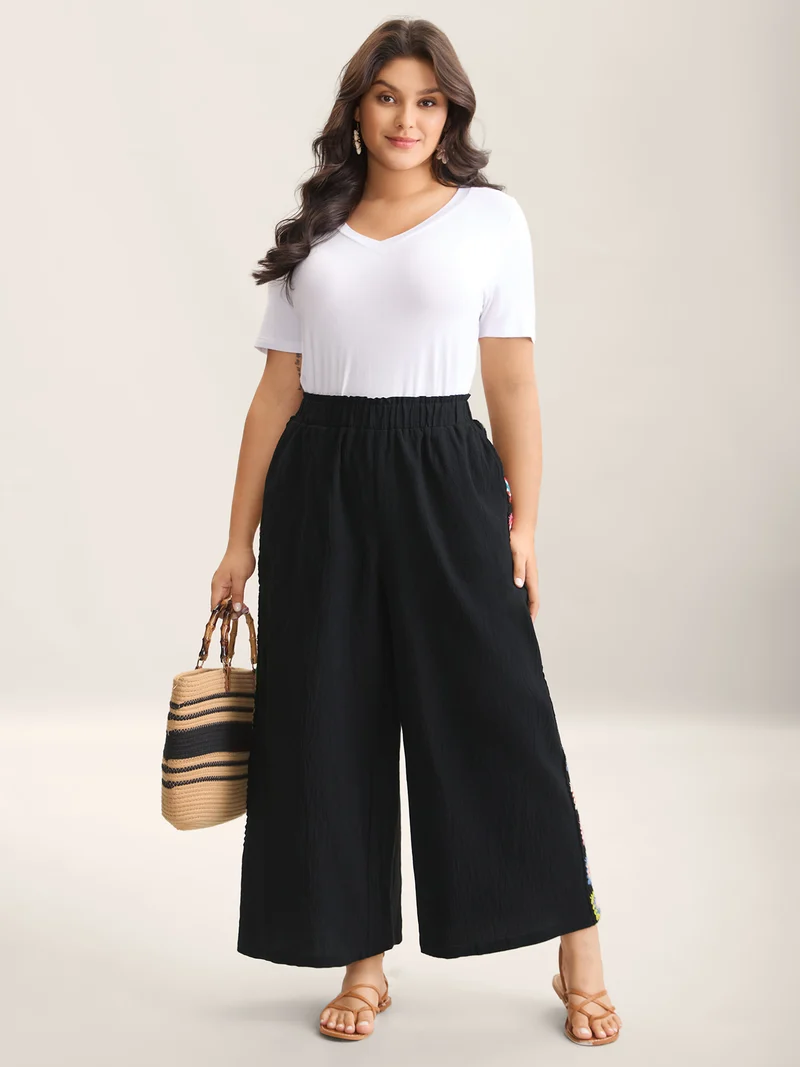 Shirred Waist Wide-Leg Spliced Pants