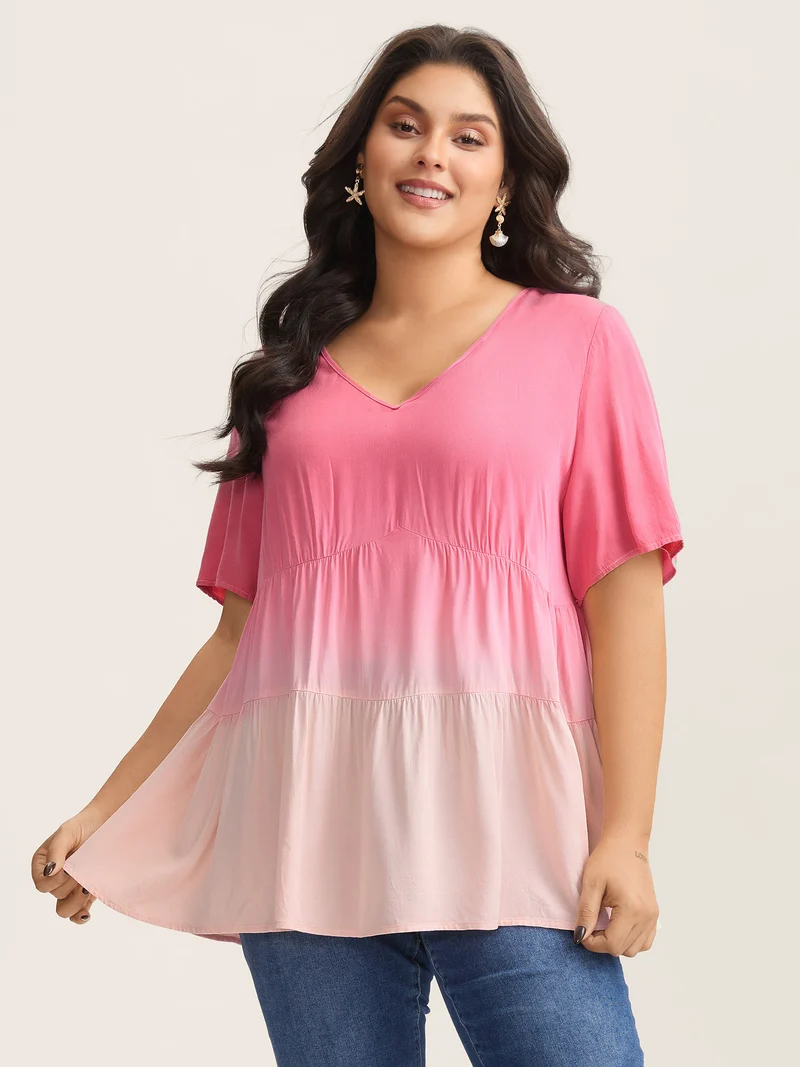 Rayon Tie-Dye V-Neck Tiered Blouse