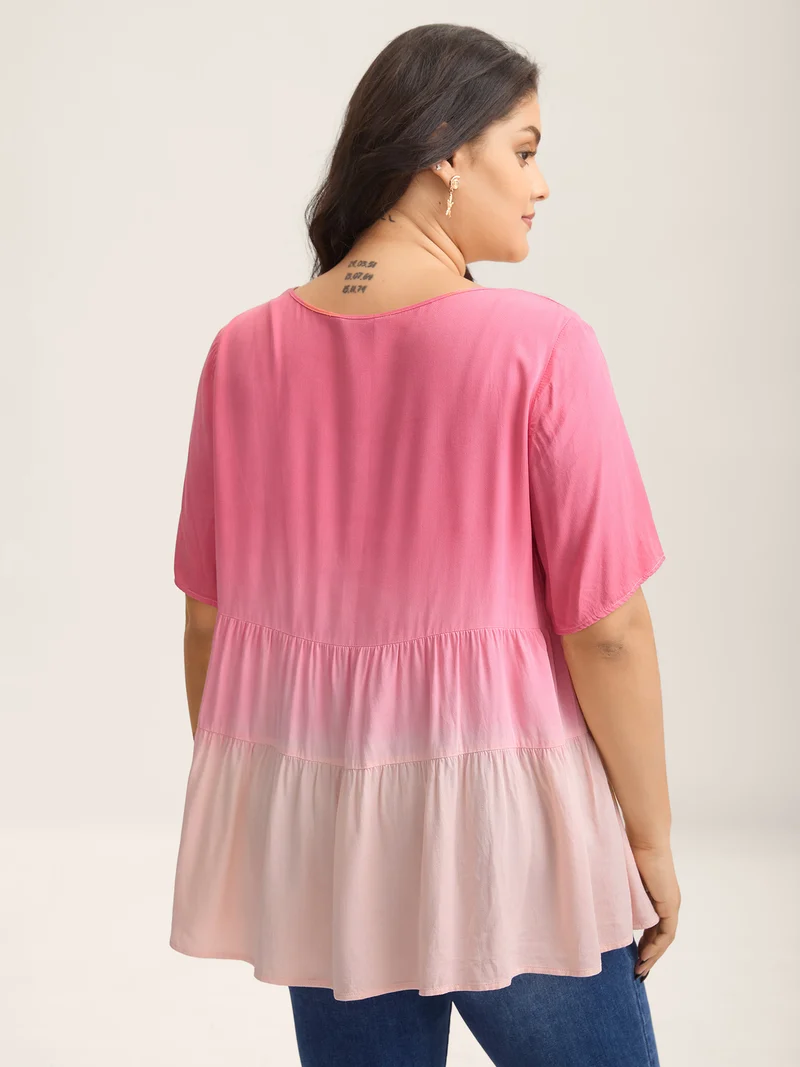 Rayon Tie-Dye V-Neck Tiered Blouse