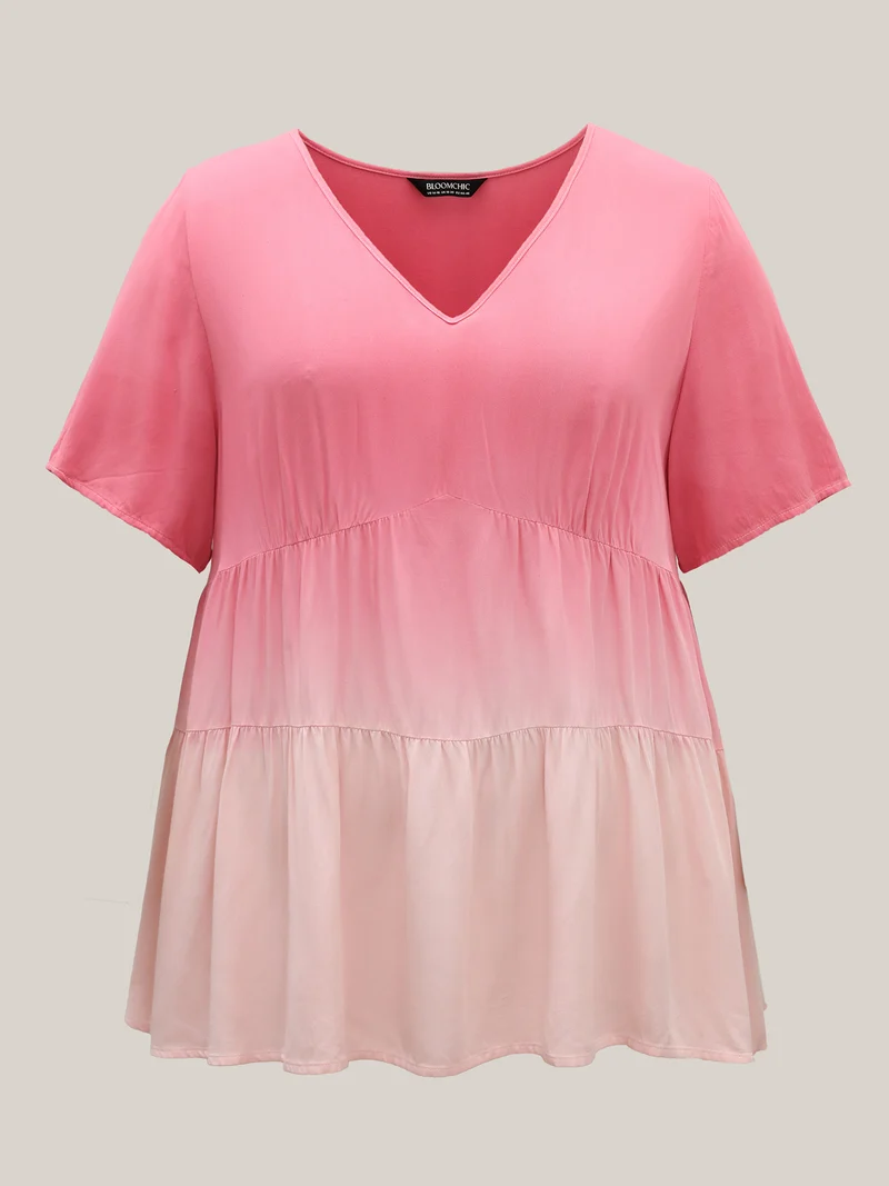 Rayon Tie-Dye V-Neck Tiered Blouse