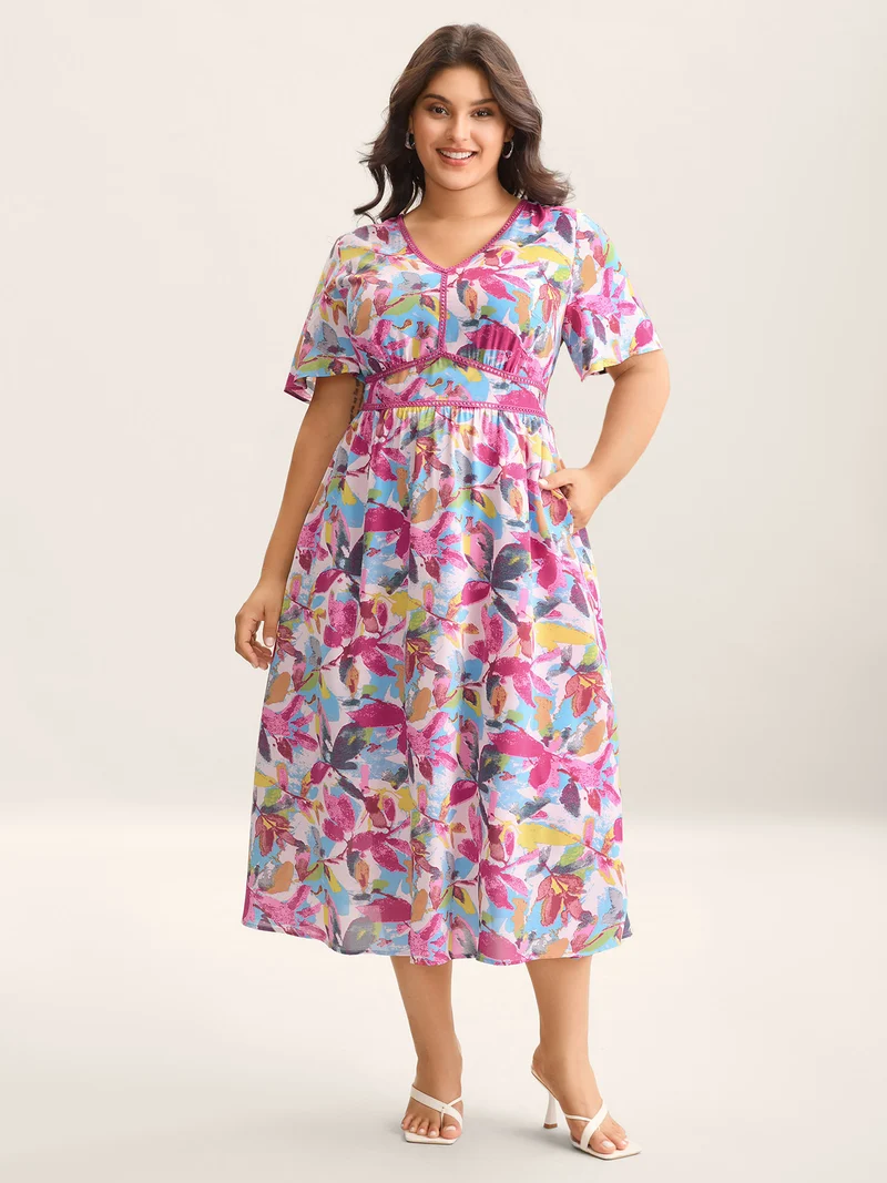 Large Flower Print Cinched-Waist Midi Dress