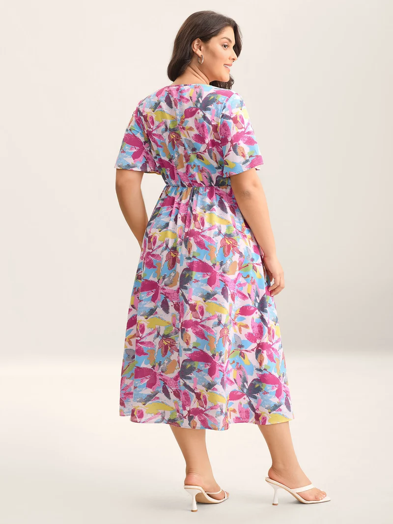 Large Flower Print Cinched-Waist Midi Dress