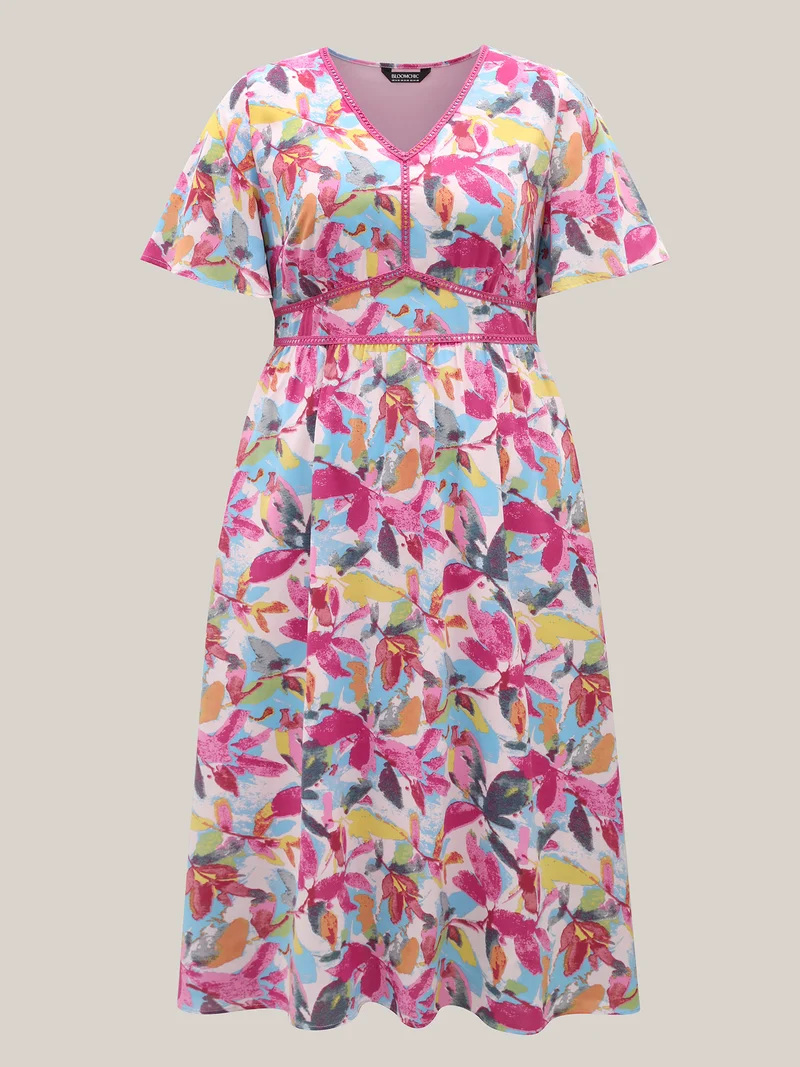 Large Flower Print Cinched-Waist Midi Dress