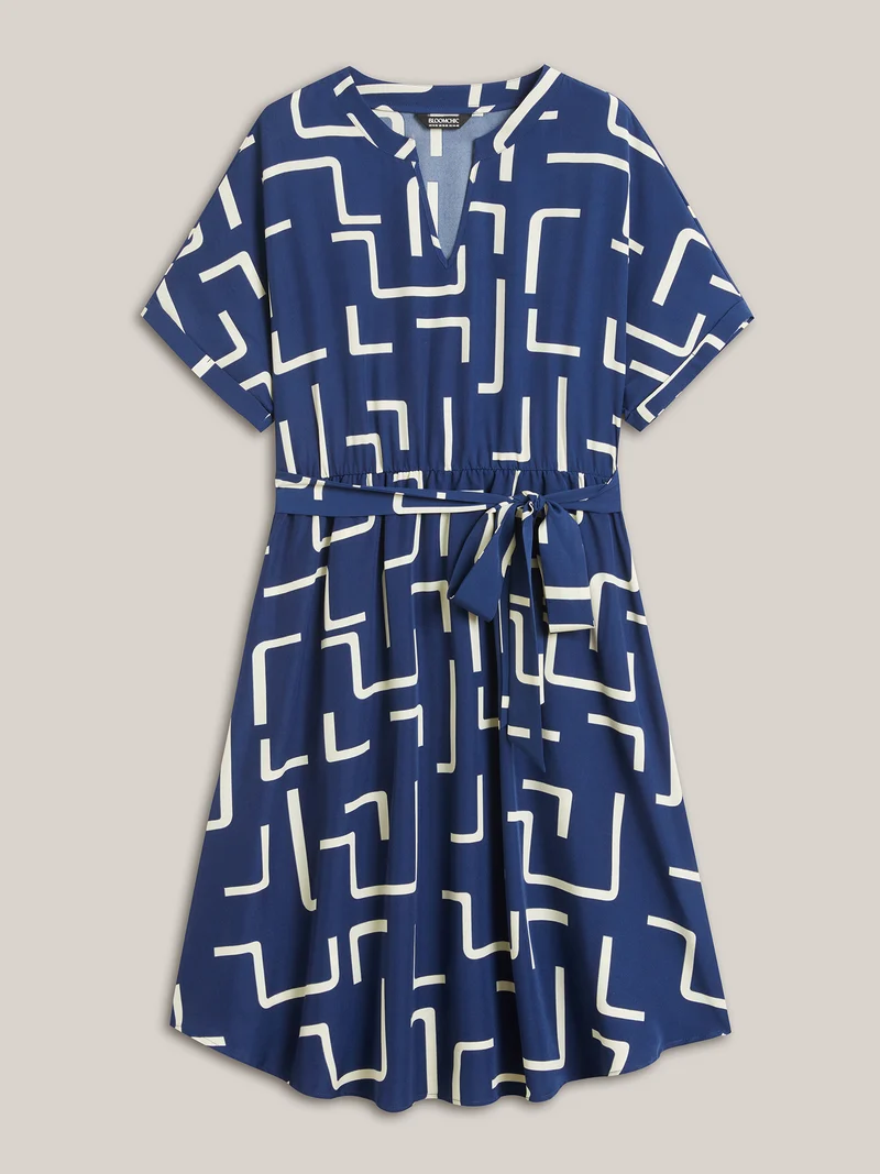 Geometric Print Curved Hem Midi Dress