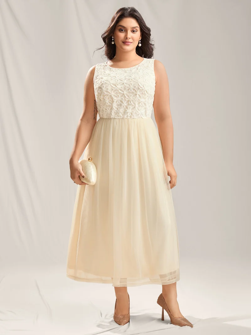 Floral Embroidered Spliced Mesh Maxi Dress