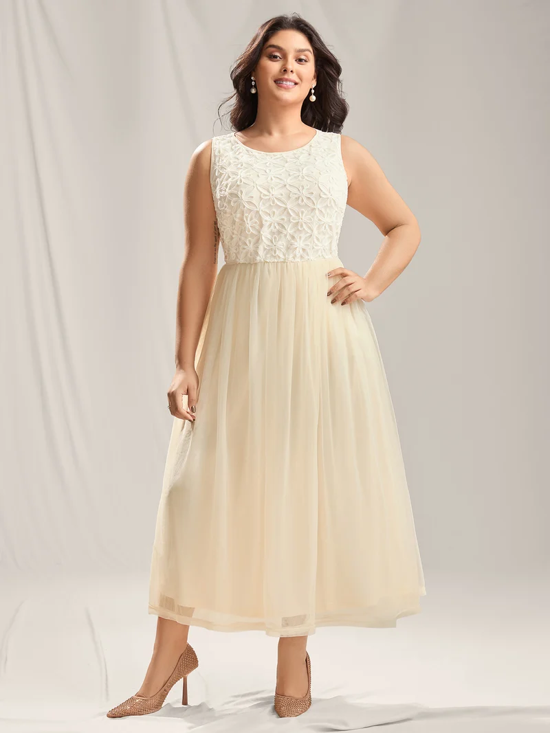 Floral Embroidered Spliced Mesh Maxi Dress