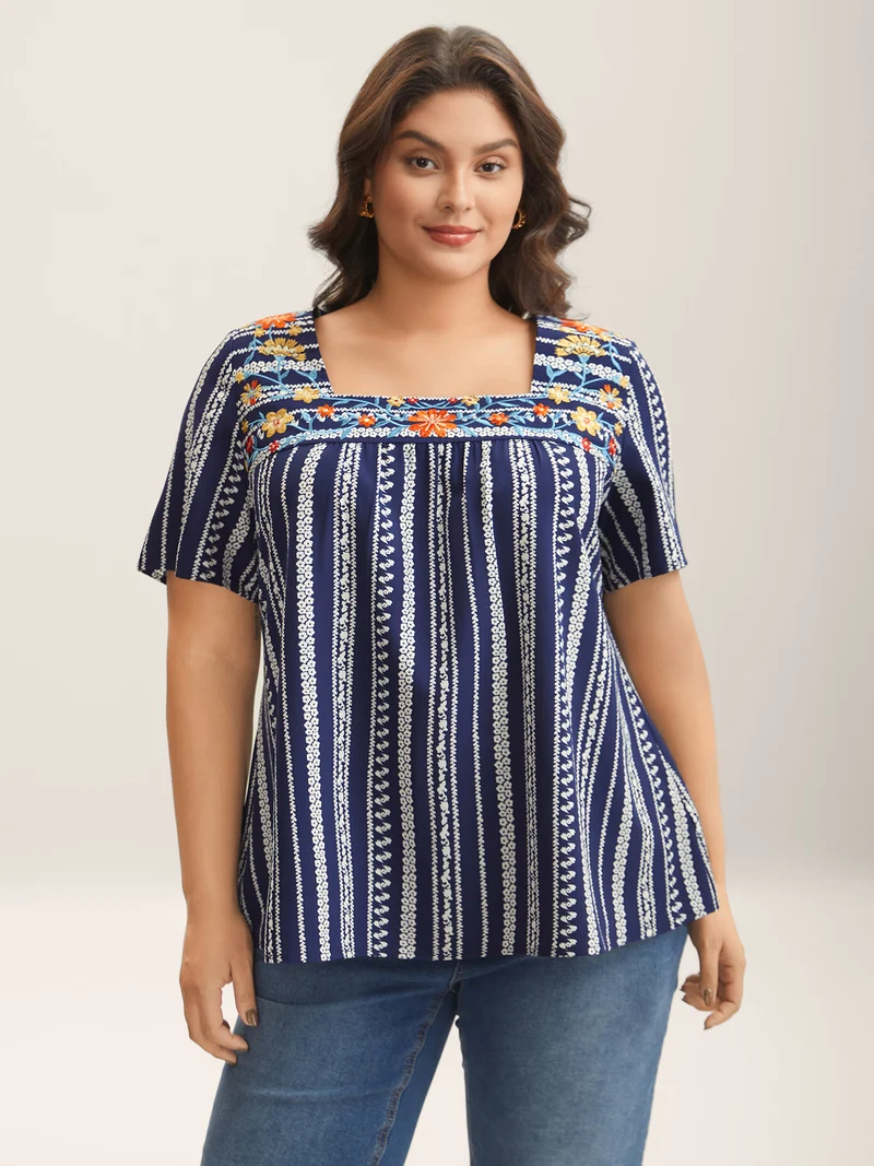 Embroidered Striped Print Square Neck Blouse