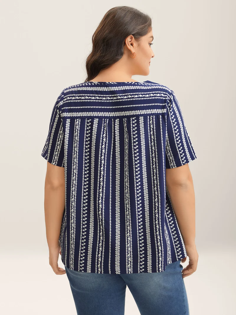 Embroidered Striped Print Square Neck Blouse