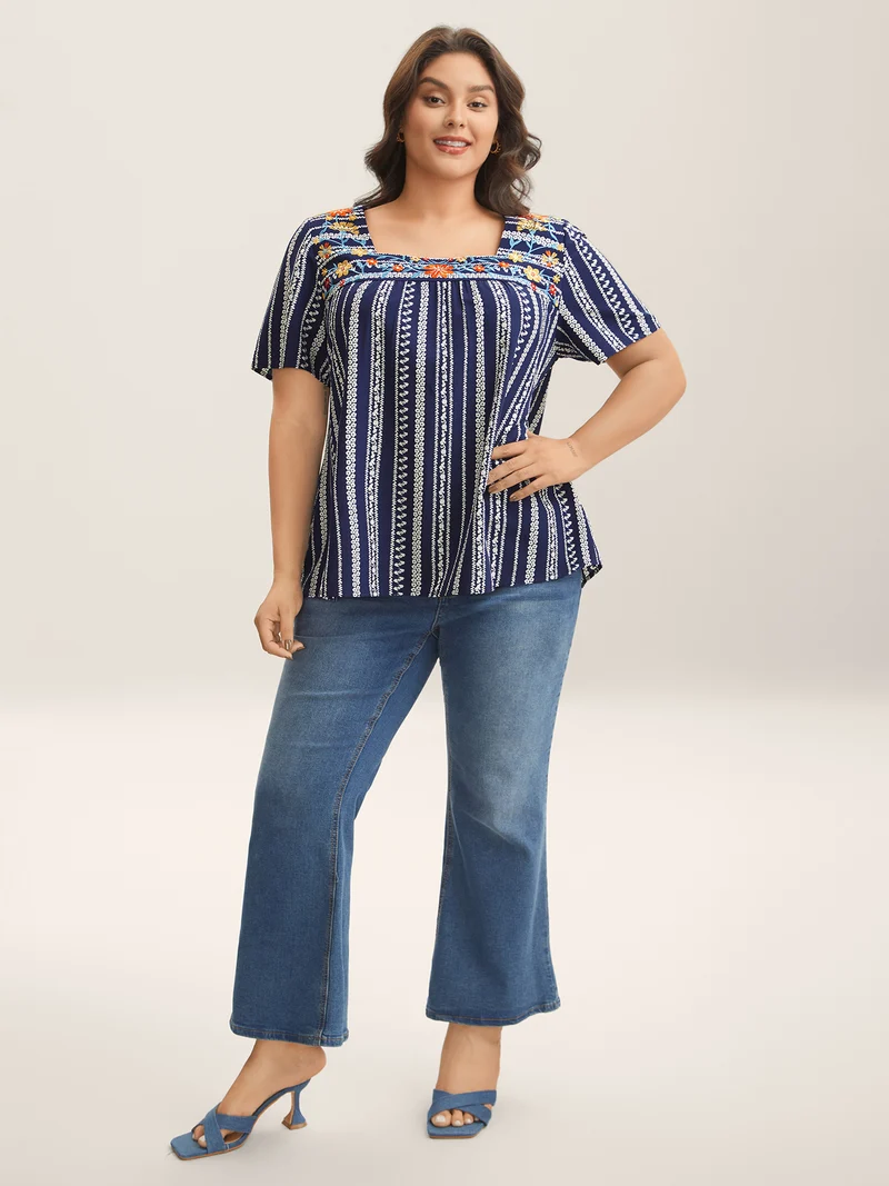 Embroidered Striped Print Square Neck Blouse