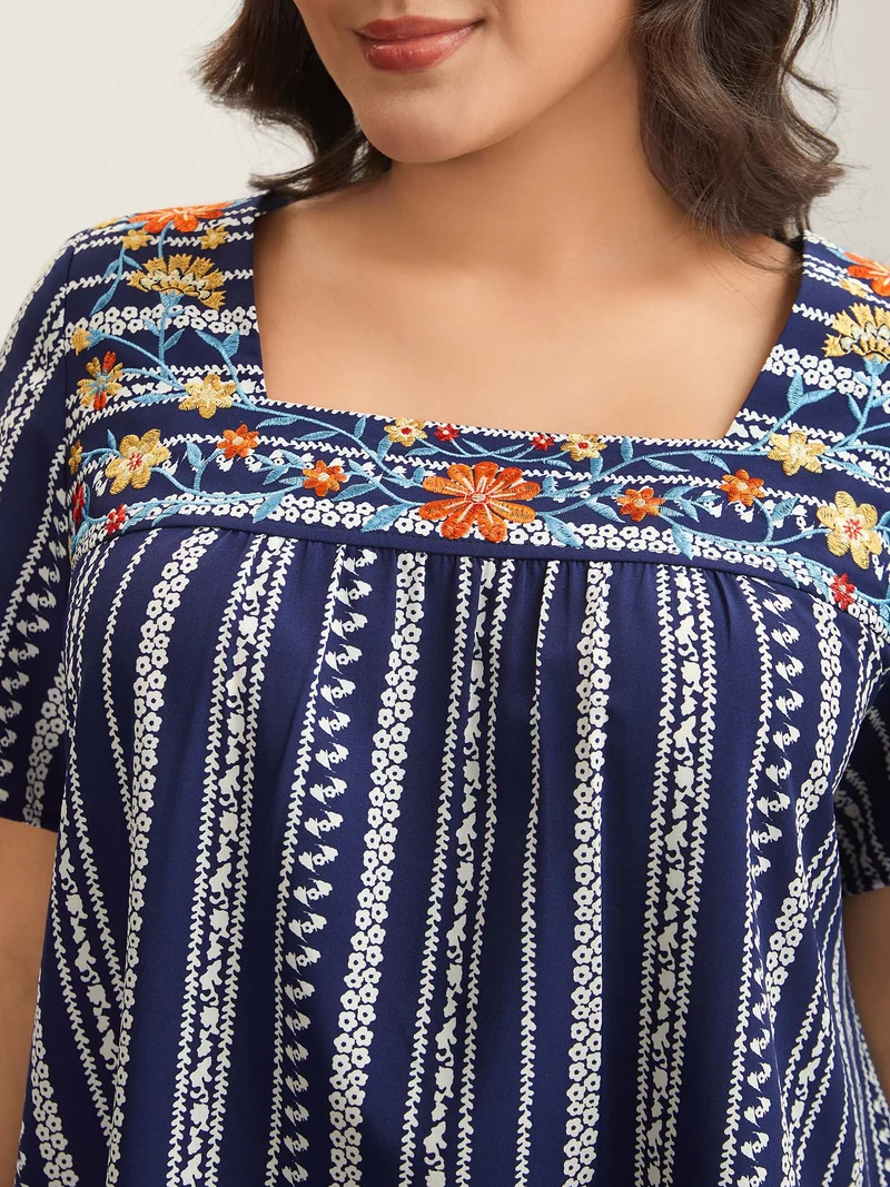 Embroidered Striped Print Square Neck Blouse