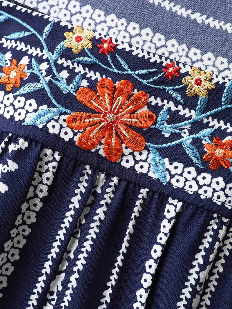 Embroidered Striped Print Square Neck Blouse