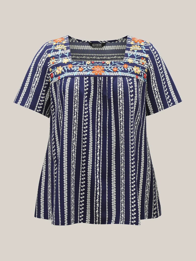 Embroidered Striped Print Square Neck Blouse
